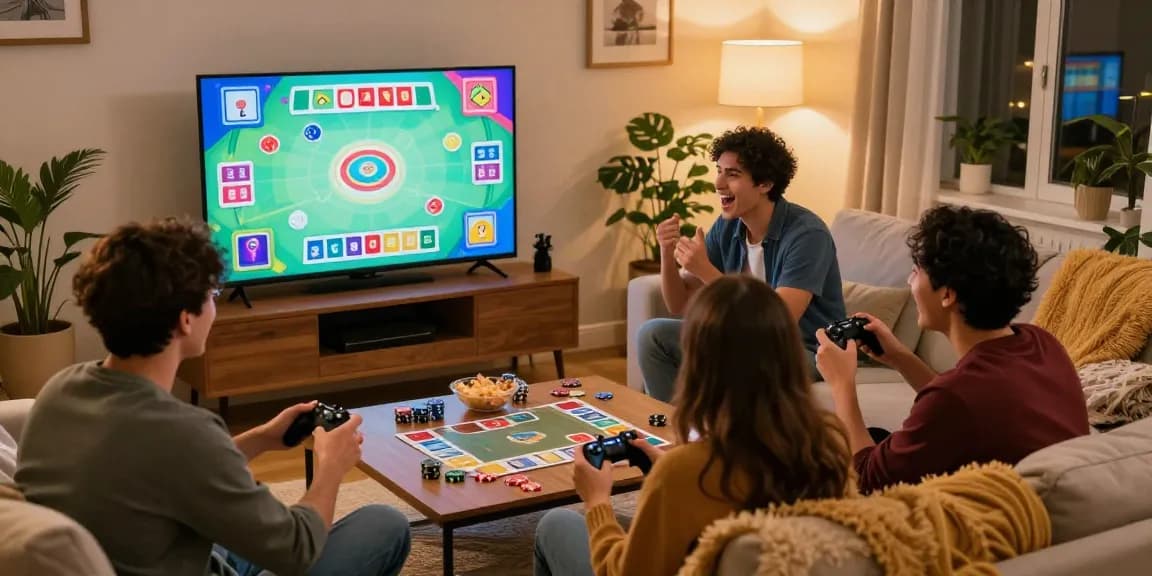 Youth enjoying Card Rummy gameplay in a lively living room, atmosphere of fun and winning at https://cardrummy.io/.