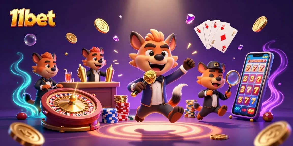 Engage with 11bet’s vibrant comedy casino scene featuring hyenas, golden coins, and playful gaming elements.