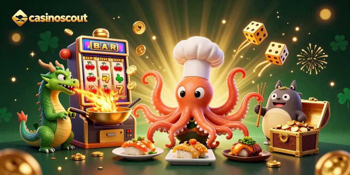 casinoscout showcases an energetic scene with a sushi chef octopus and dragon at a vibrant casino.