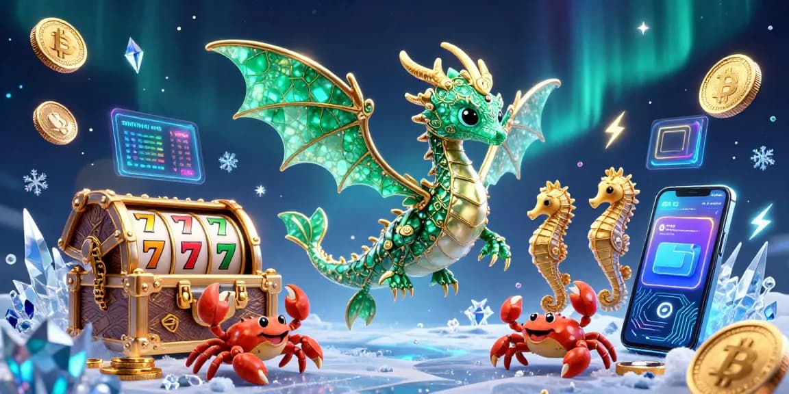Experience the thrill of yaar win in a lively casino scene featuring a sea dragon, vibrant slot reels, and cryptocurrency elements.