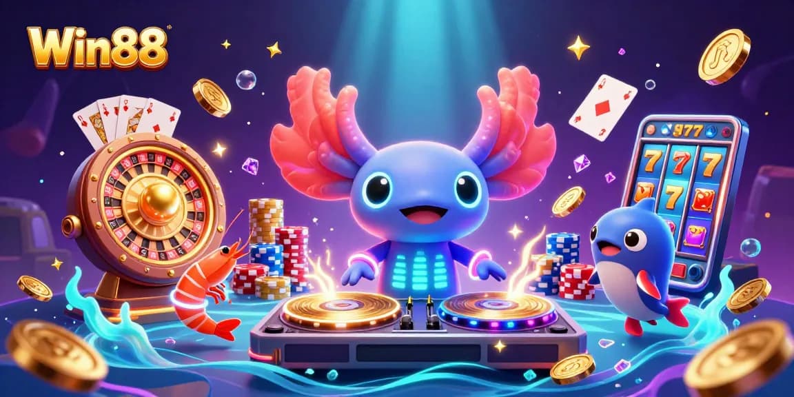 Win88 captivates with vibrant slot reels, golden coins, and lively characters in a 3D casino scene.