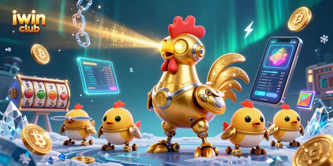 Engage with the vibrant iwin club casino scene featuring a golden rooster robot and dynamic game elements.