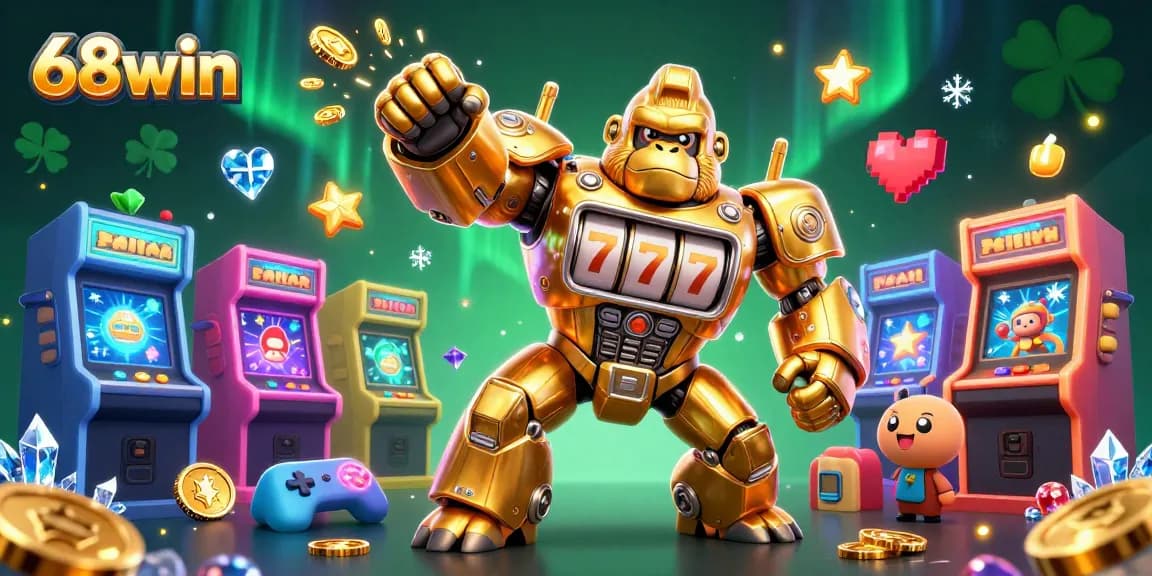 Winning at 68win with exciting gameplay featuring a golden gorilla mech and arcade elements.