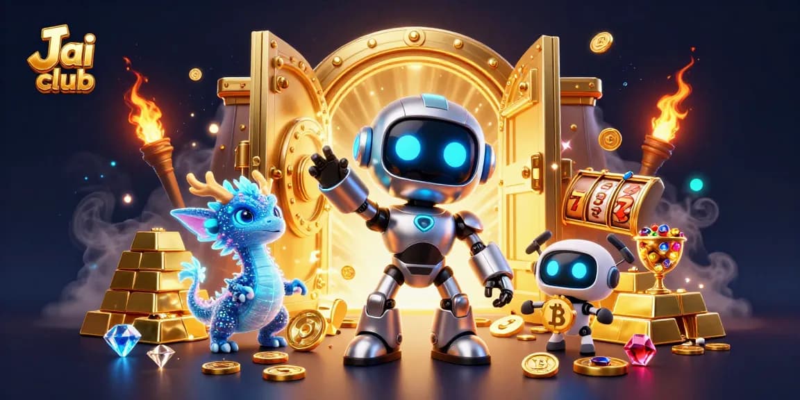 Jai club showcases thrilling gameplay with cyberpunk robot and treasures around slot reels.