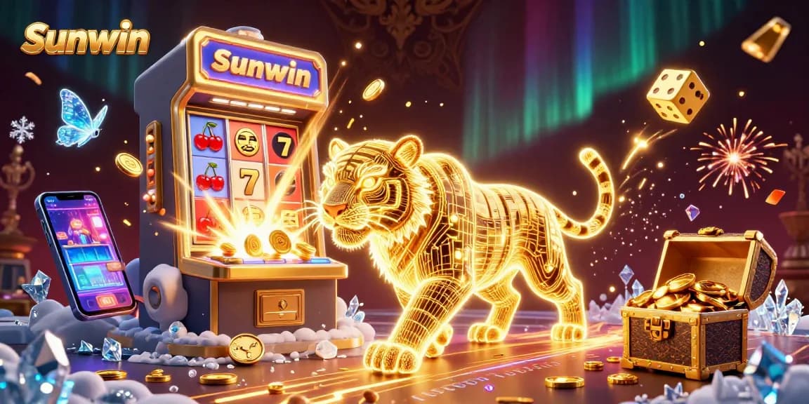 Experience winning strategies at Sunwin's dynamic casino landscape, featuring a 3D golden tiger amidst vibrant game elements.