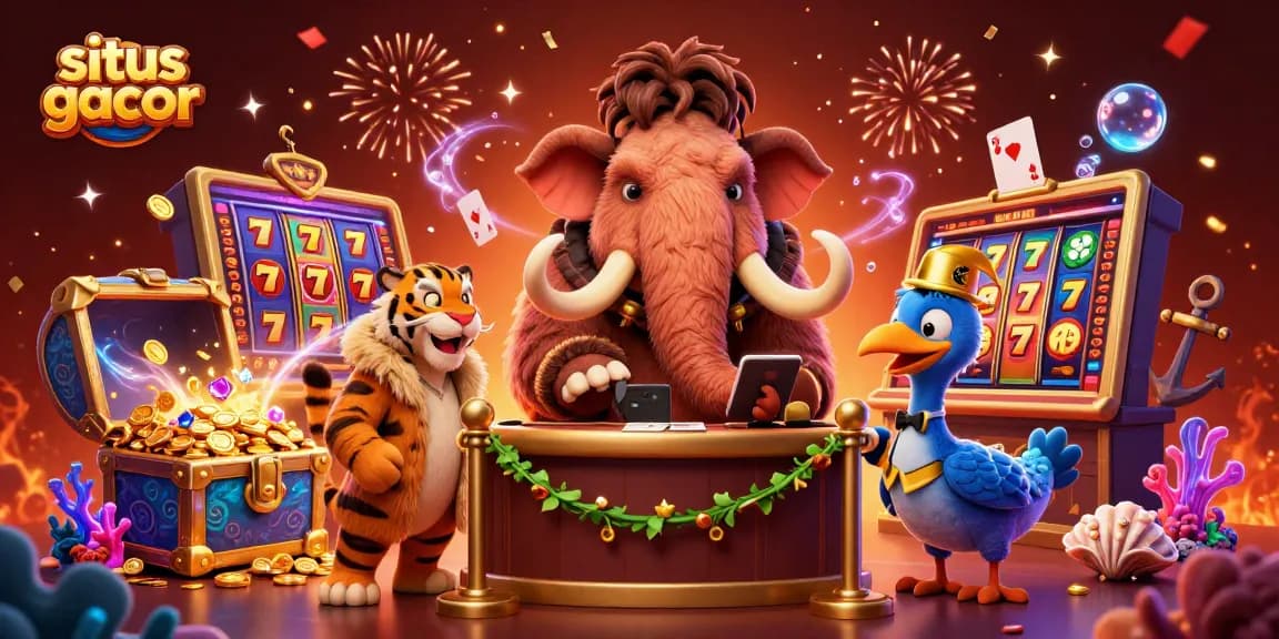 Experience excitement with situs gacor at this vibrant casino scene featuring unique characters and colorful slot elements.