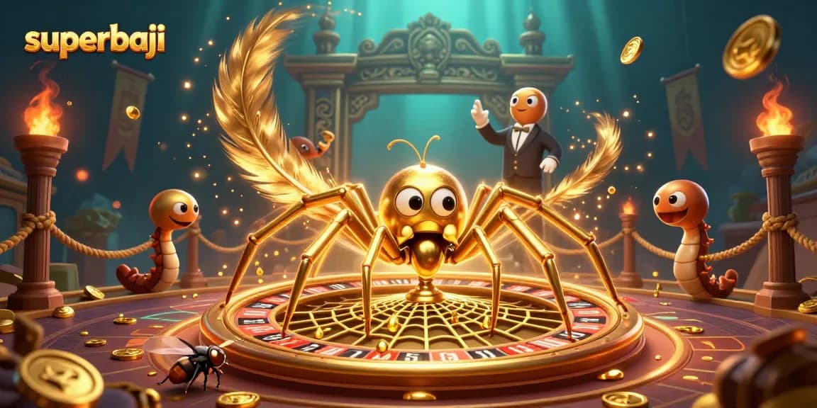 Experience thrilling gaming at superbaji with a bustling casino scene featuring a golden spider and vibrant elements.