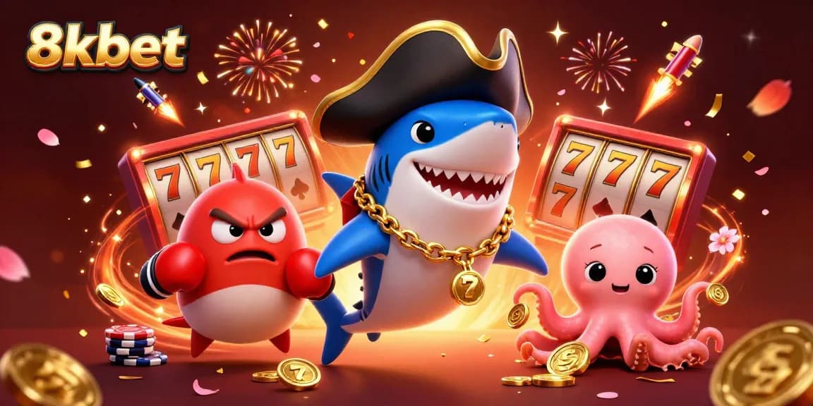 Experience the thrill of 8xbet with a lively illustration featuring a pirate shark and casino elements.