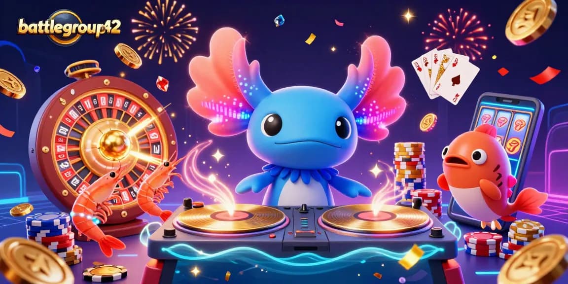 Engage with battlegroup42 at a vibrant casino scene featuring a neon axolotl DJ and dynamic gameplay elements.