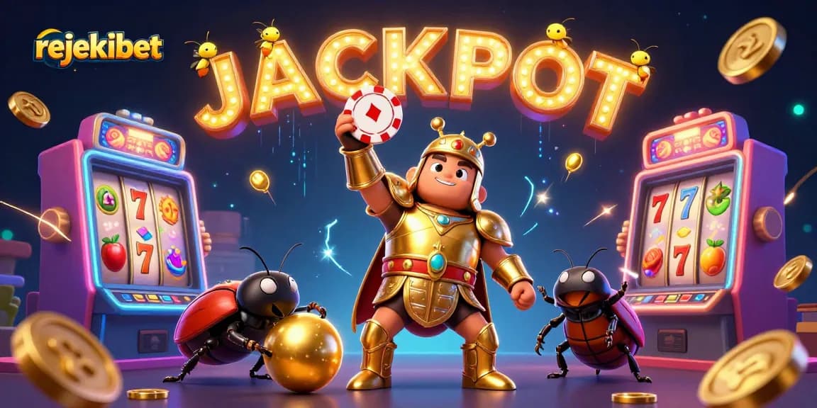 Celebrate wins at rejekibet with a vibrant casino scene featuring characters and slot machines.