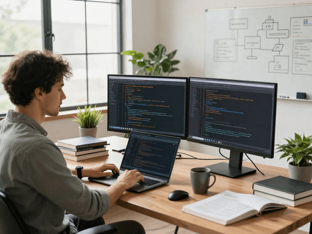 Developer menggunakan wifi4d di ruang kerja modern dengan laptop dan monitor.