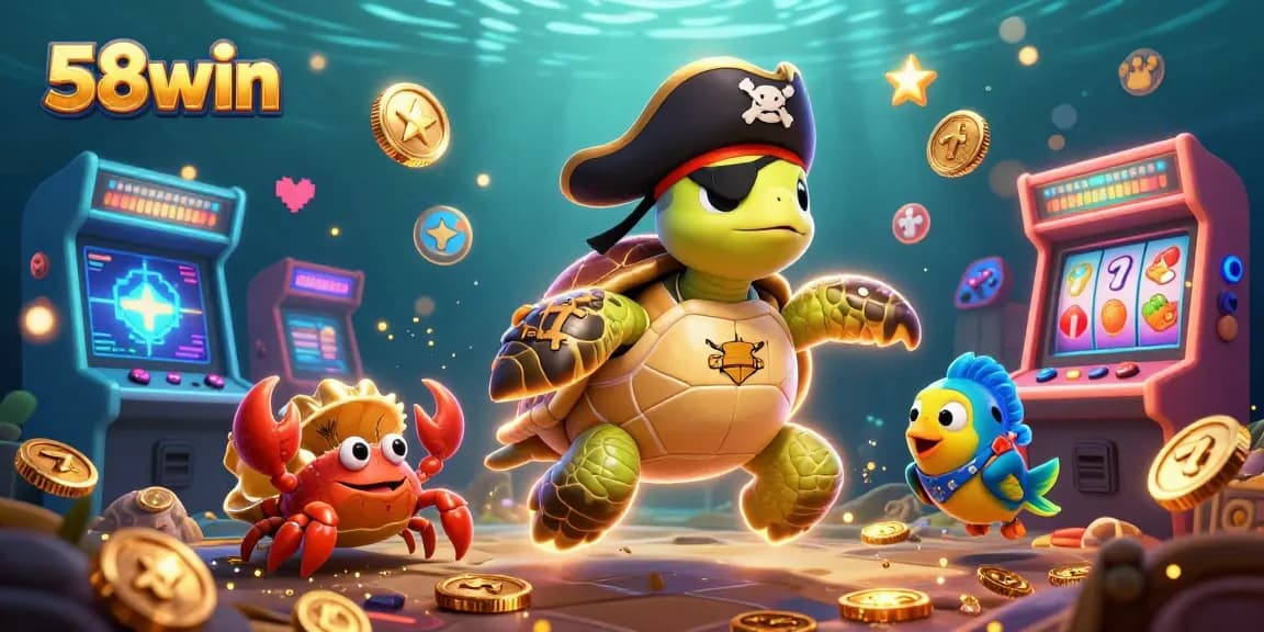 Experience the thrill of gaming at 58win with colorful arcade machines and animated characters.
