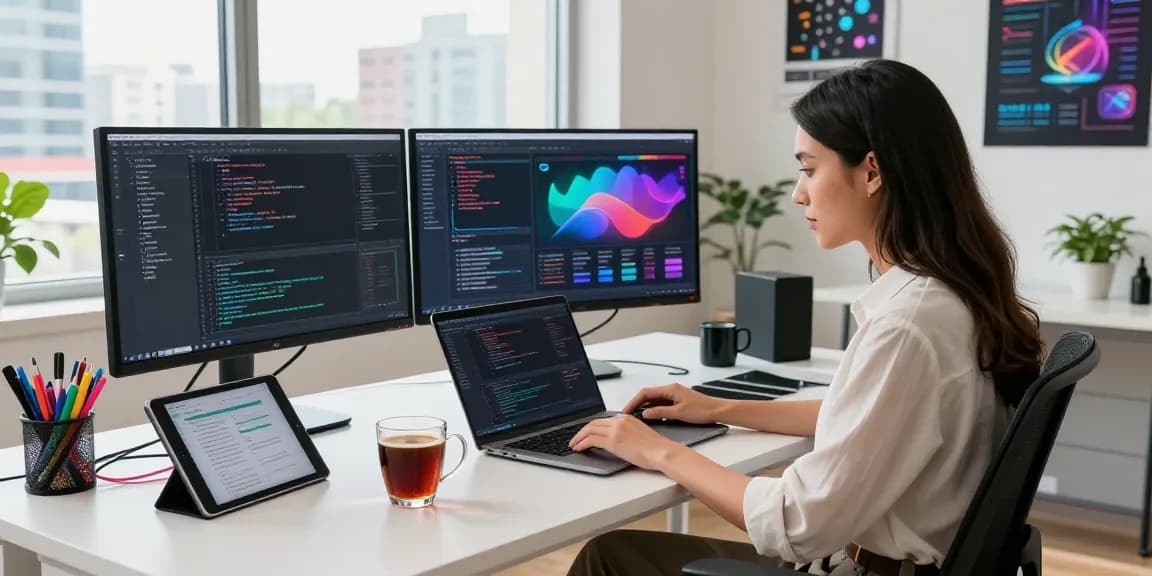 Developer coding in a modern workspace with multiple monitors showcasing coding and UI design, emphasizing the tech industry slot.