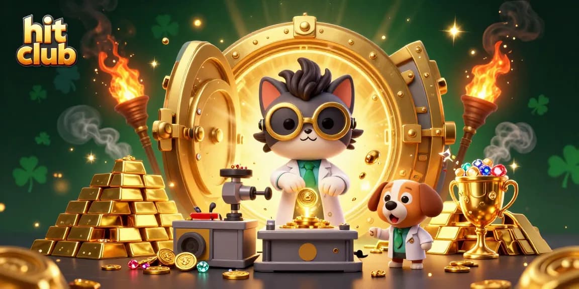 Experience thrilling hits at the hit club with a whimsical 3D cat scientist creating gold in a vibrant casino.