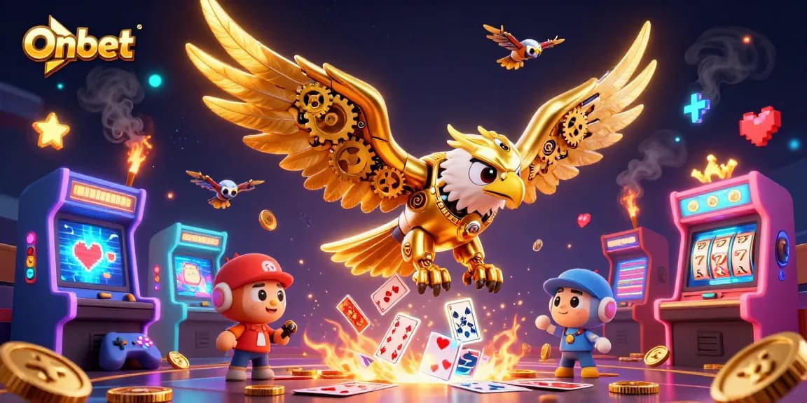 Engage in thrilling gameplay at Onbet, showcasing a dynamic eagle amidst holographic cards and slot elements.