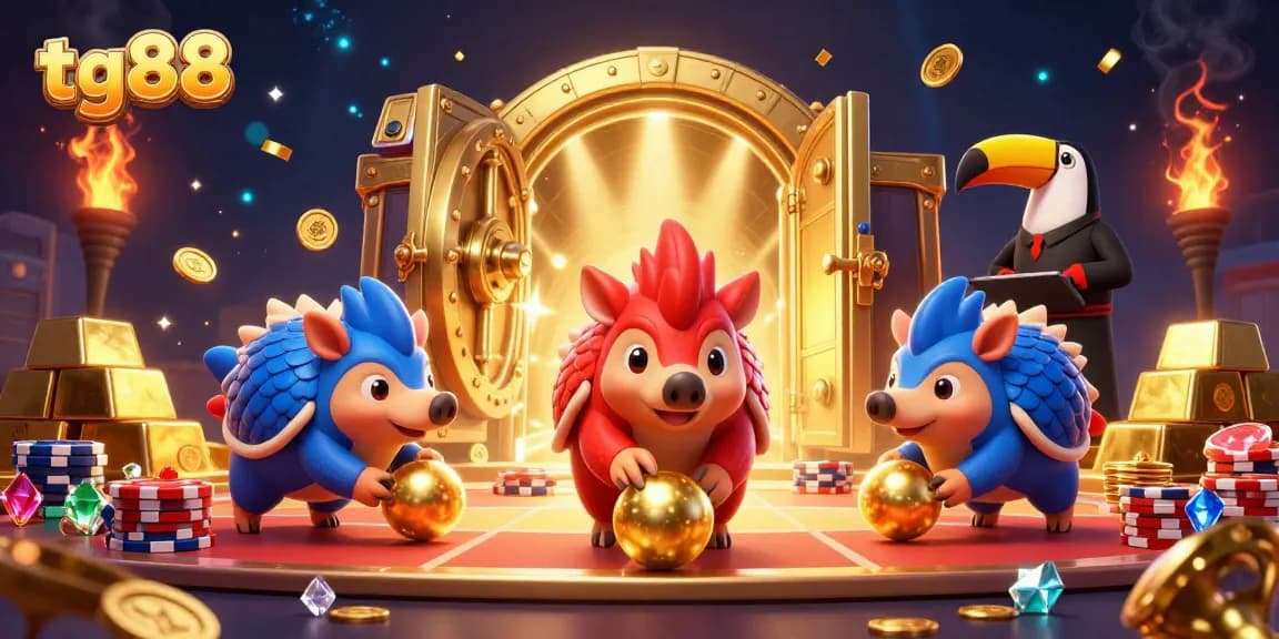 Play and win exciting casino games with tg88 in this vibrant 3D illustration featuring rival pangolins.