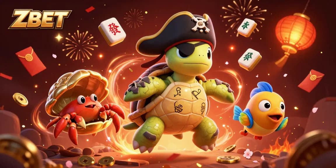 ZBET features an exciting 3D scene with a pirate turtle and casino elements celebrating wins in a vibrant festival.