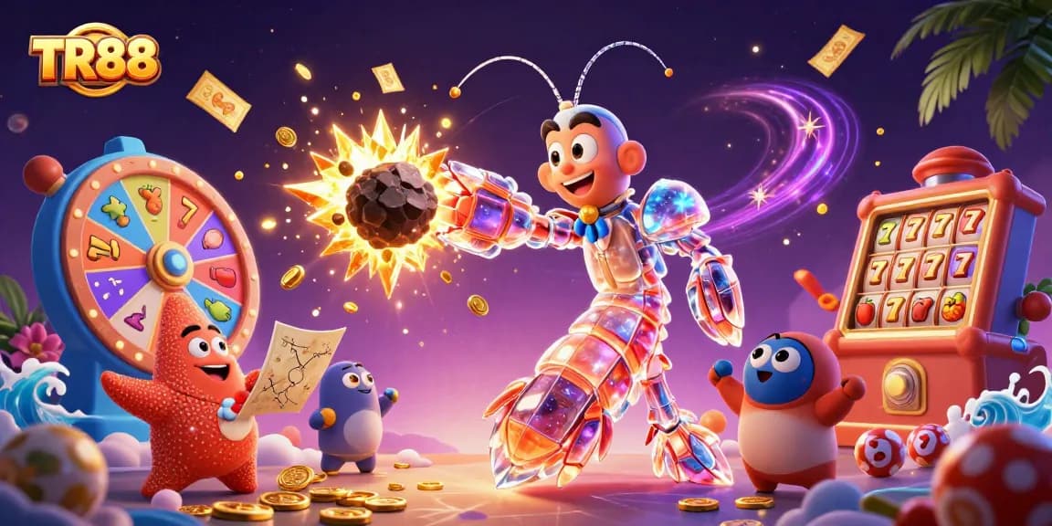 Engage with TR88 by joining a vibrant scene of 3D characters and dynamic slots, celebrating the thrill of gambling.