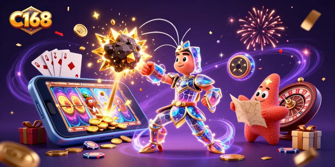 Unleash epic wins at C168 with 3D galactic adventure, showcasing vibrant slot games and the thrill of gaming.