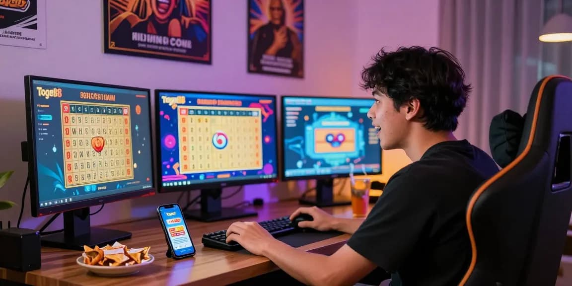 Togel88 Me Login action scene with excited player in cozy home setup for online lottery.