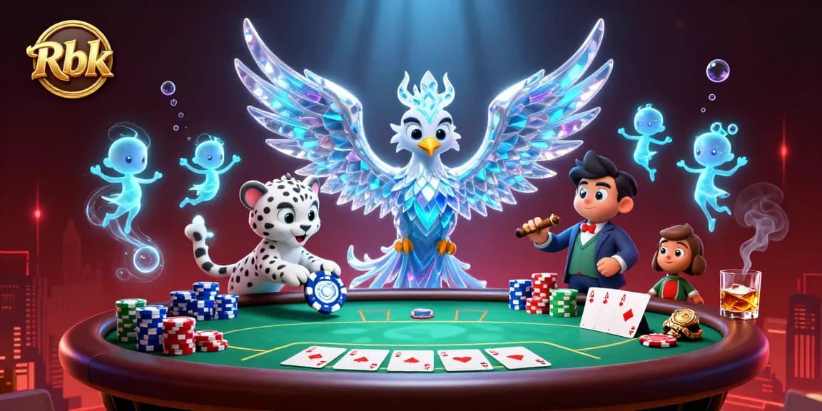 Engage in Rbk casino games with vibrant characters and rich poker elements in an ice-themed scene.