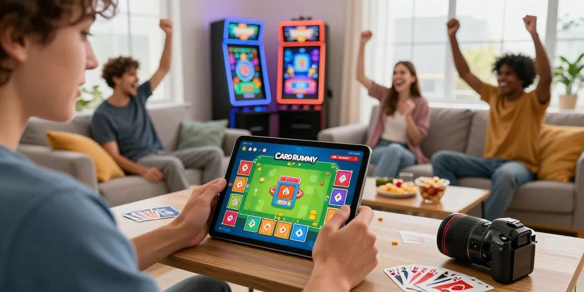 Exciting rummy app gameplay at home with friends cheering in a vibrant environment.