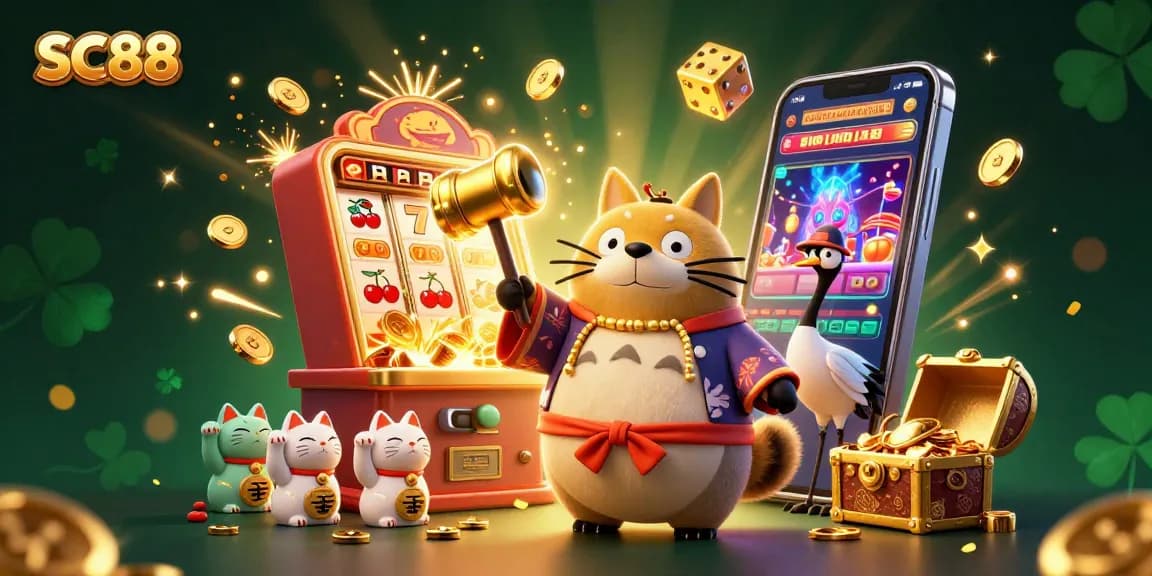 Experience thrilling jackpot spins at SC88 with our vibrant 3D casino scene featuring playful characters and explosive games.