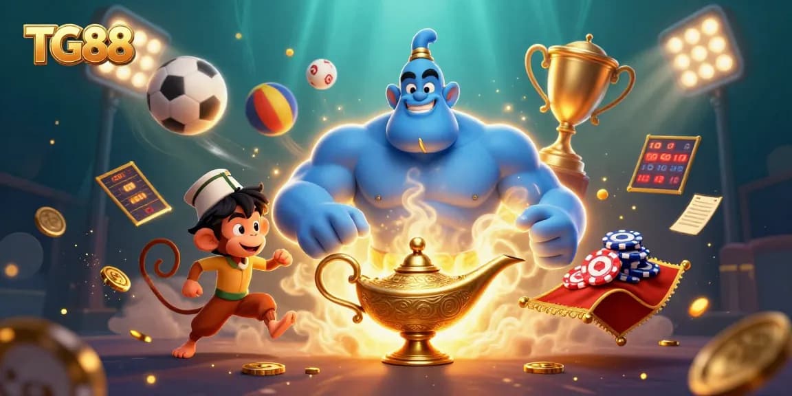 Experience the excitement of betting with TG88, featuring a genie and dynamic sports elements against a vibrant backdrop.