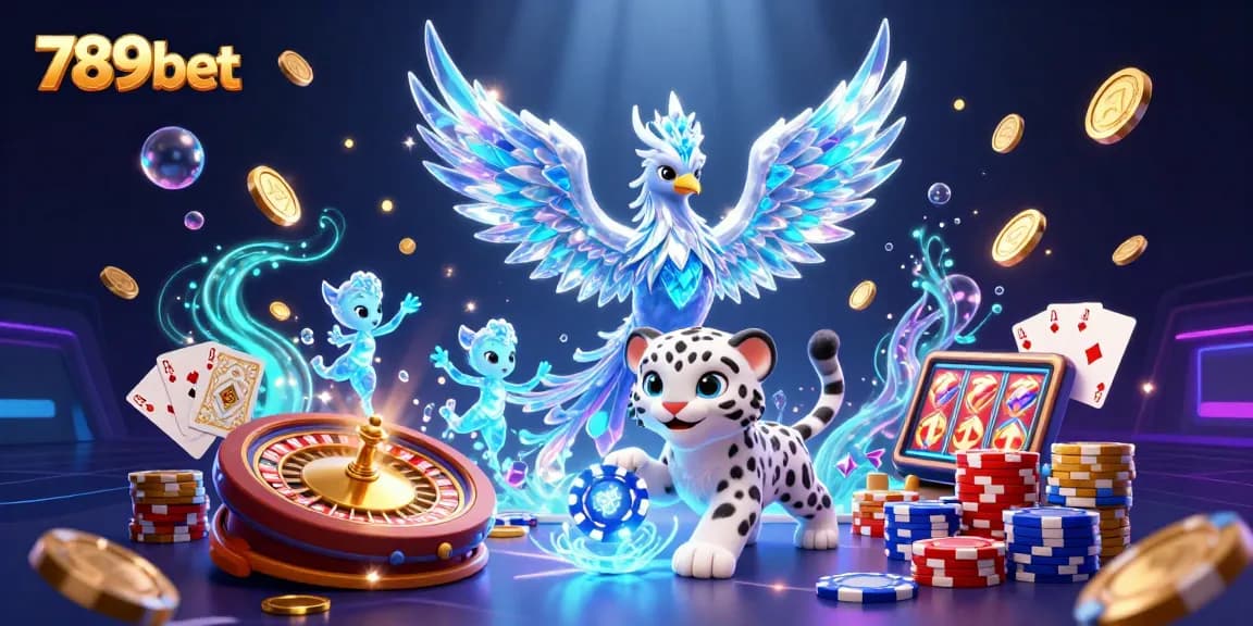 Engage with 789bet's online casino experience featuring cartoon characters, colorful poker chips, and spinning roulette wheels.