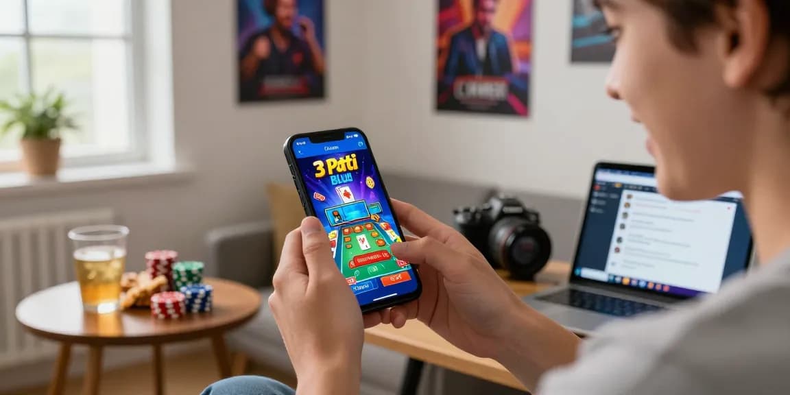 Download free 3 Patti Blue app on mobile device while enjoying popular casino games in a cozy room atmosphere.