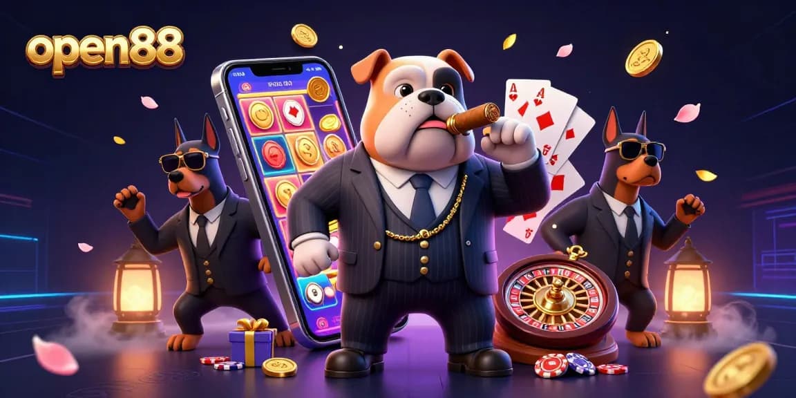 Spin to win at open88 with a mafia boss bulldog and his Doberman bodyguards amid dynamic casino elements.
