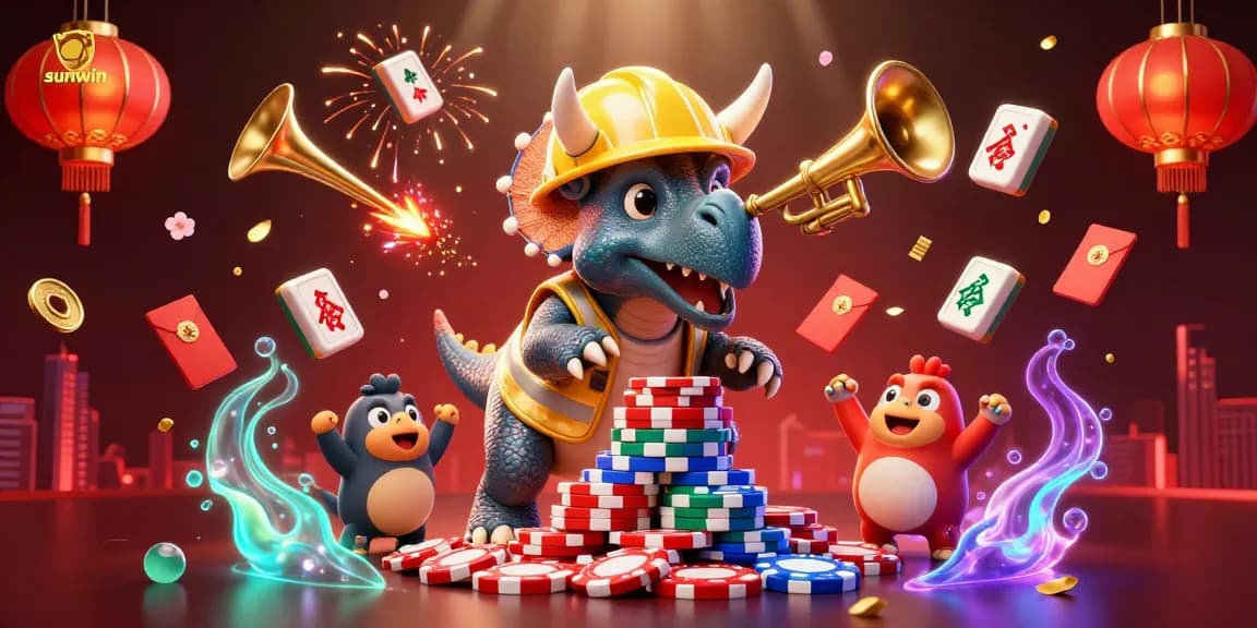 Engage in exciting gameplay at sunwin with 3D characters celebrating casino wins amidst vibrant decorations.