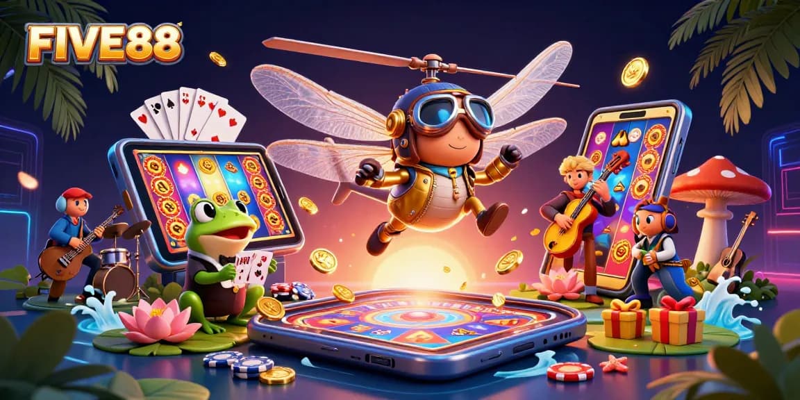 Experience the excitement of FIVE88 with a vibrant 3D casino scene featuring dynamic characters and games.