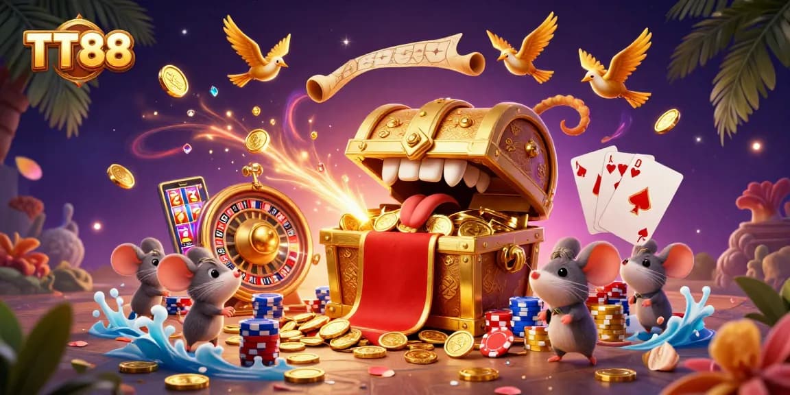Engage with the vibrant TT88 casino world, featuring an enchanting treasure chest and dynamic game elements.