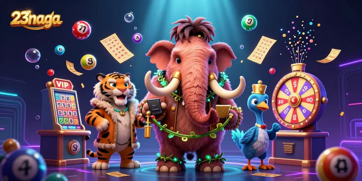 Engaging scene at 23naga showcasing vibrant lottery elements and casino characters in a dynamic atmosphere.