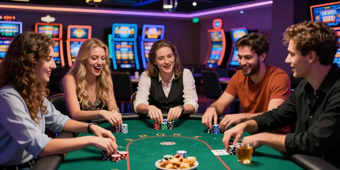 Casino atmosphere with friends enjoying poker, highlighting fun88thaimeth excitement.