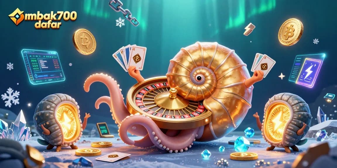Taruhan skor di ombak700 daftar dengan gambar 3D nautilus dan elemen cryptocurrency.