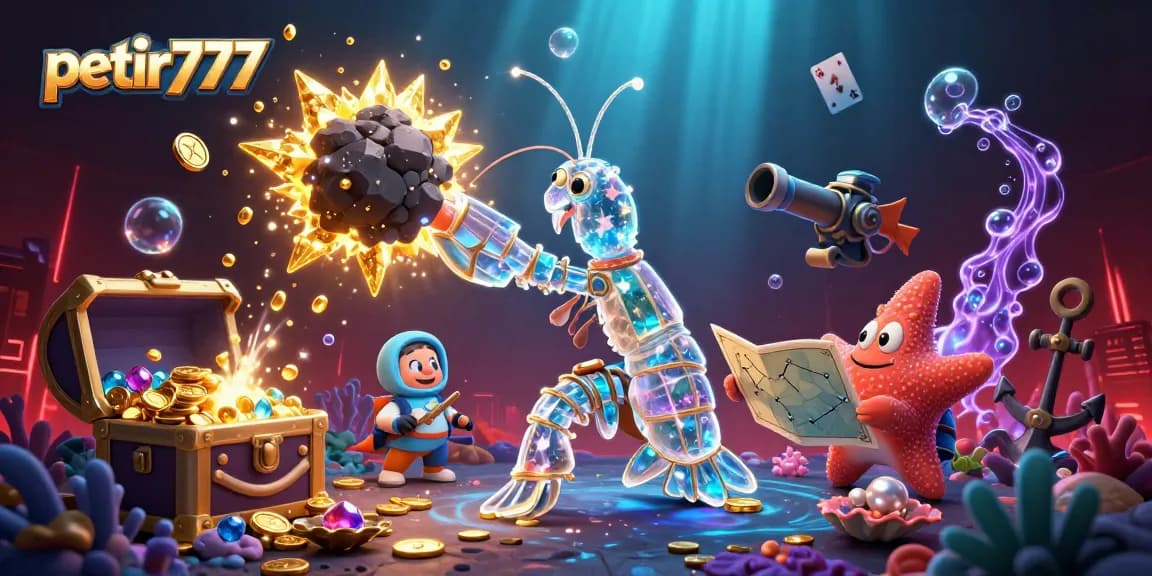 Experience thrilling gameplay with petir777 as the galactic samurai mantis shrimp conquers treasure-filled depths in a vibrant casino scene.