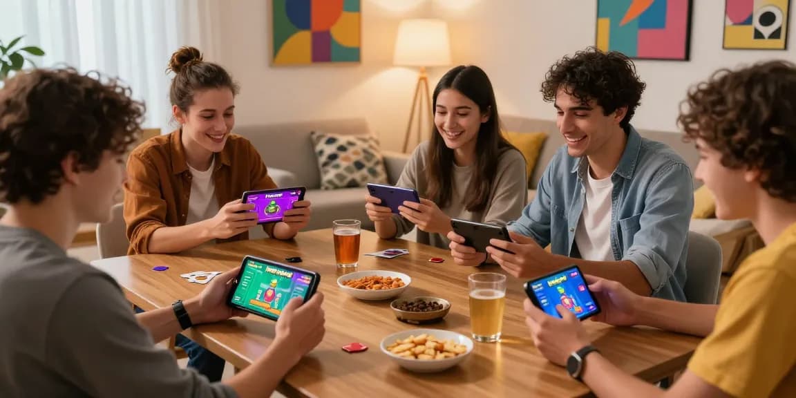 Dynamic group playing Android game APK in cozy living room.