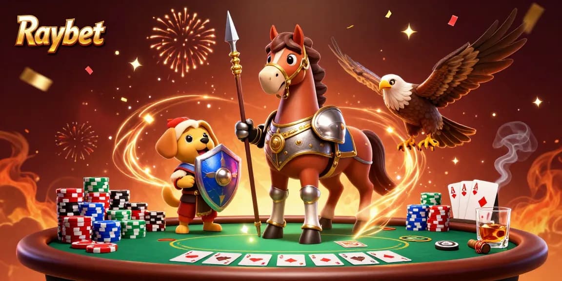 Experience the excitement of Raybet with a 3D medieval knight, puppy, and falcon enjoying epic poker action!