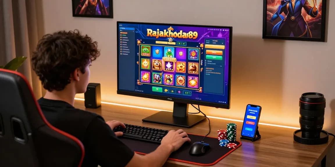 Engaged player exploring rajakhodam89 daftar on a home gaming setup with vibrant graphics and gaming accessories.