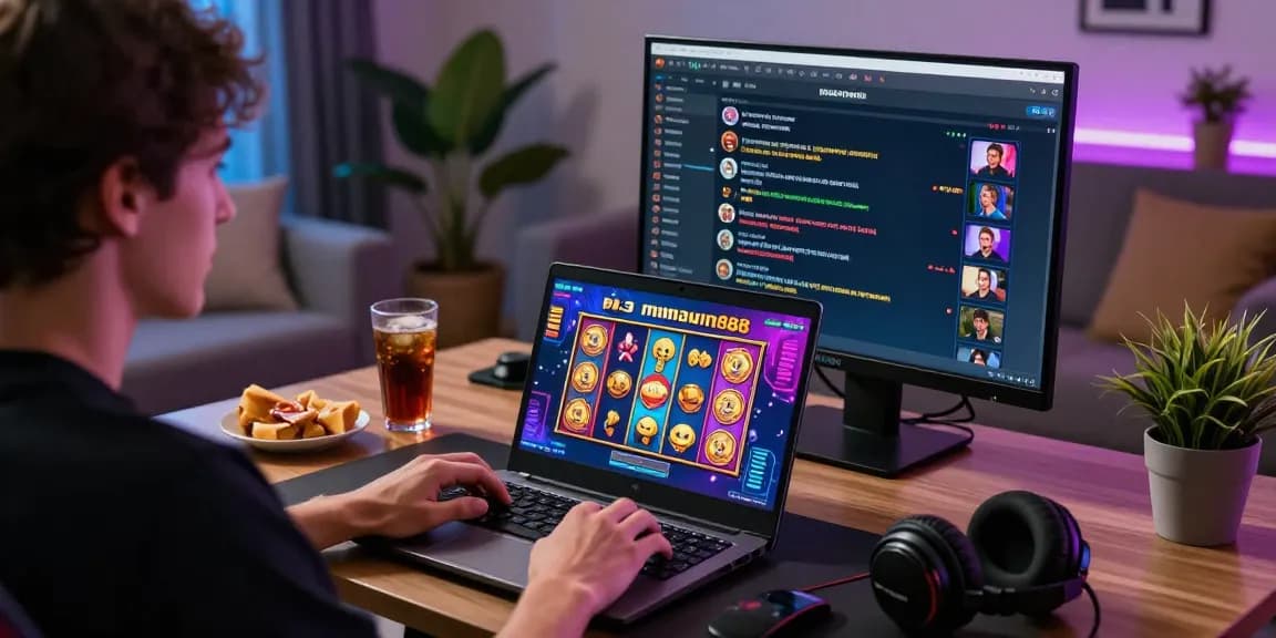 Pengguna bermain megawin88 slot di laptop dengan grafik slot yang cerah dan suasana bermain yang dinamis.