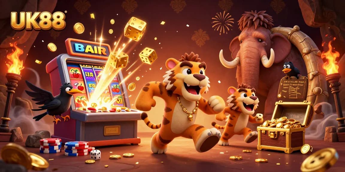 Experience thrill with UK88's prehistoric casino featuring a caveman and sabertooth tiger.