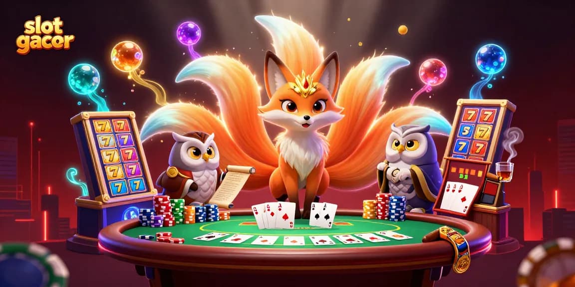 Slot gacor memikat di ilustrasi permainan kasino penuh warna dan interaksi.