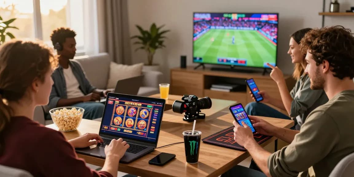 Withdraw Bola88 gaming scene with players engaging in online games in a cozy living room, reflecting excitement and interaction.
