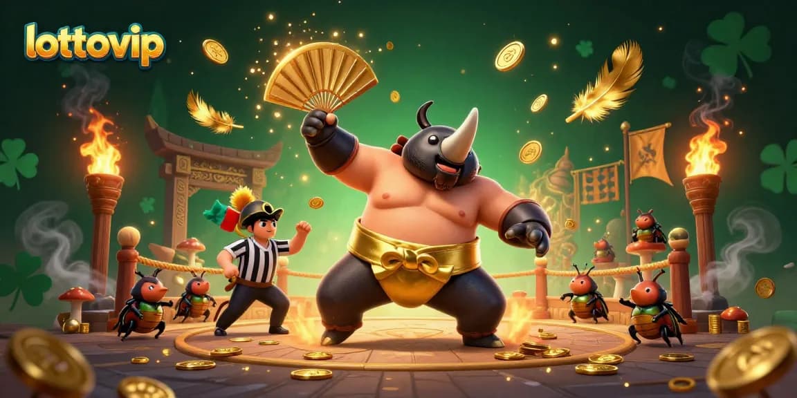 Melihat lottovip dengan serangkaian koin emas terbang saat juara sumo kumbang sedang bertarung dalam arena petarungan.