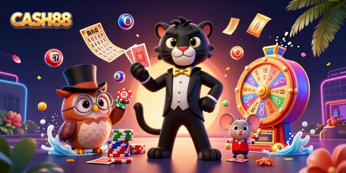 CASH88 enhances the gaming experience with a stylish panther dealer and vibrant casino elements.