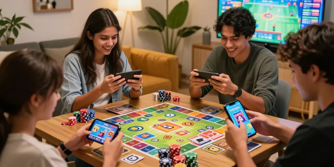 Play online in a vibrant lounge scene with friends enjoying Teen Patti games on smartphones, showcasing excitement and camaraderie.