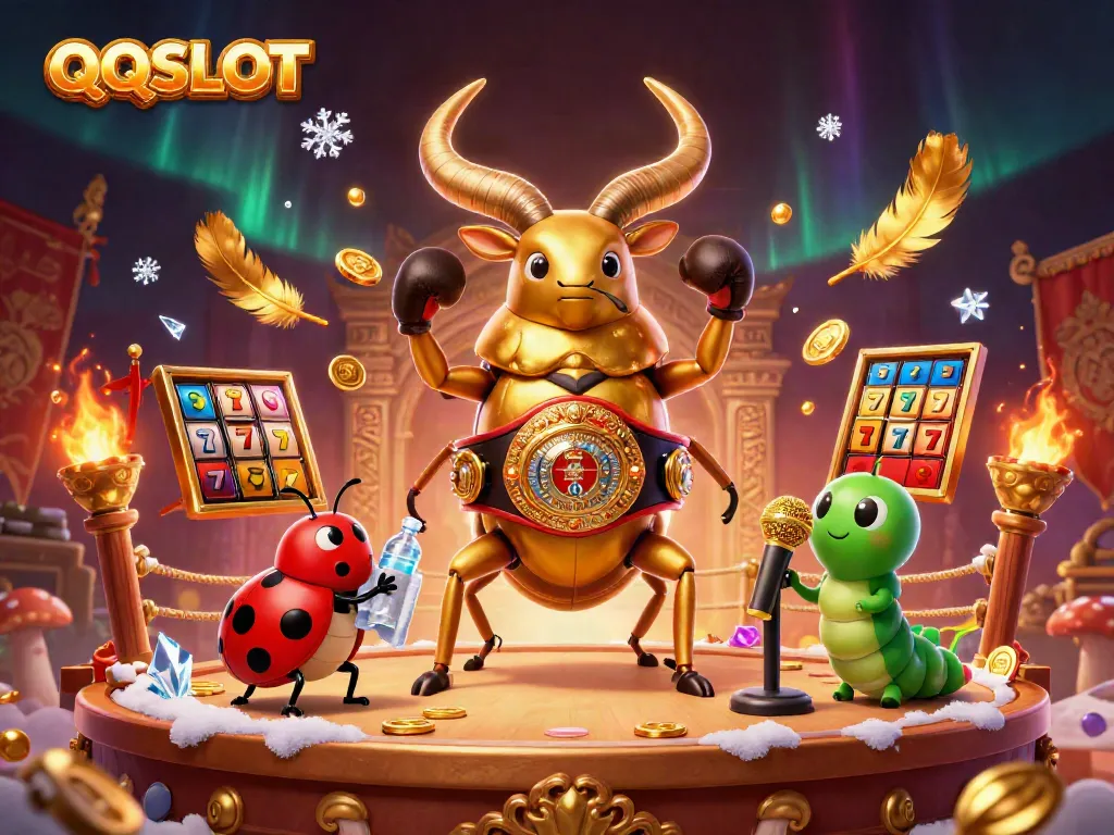 Engaging QQSLOT scene with a golden stag beetle and animated characters in a dynamic casino setting.