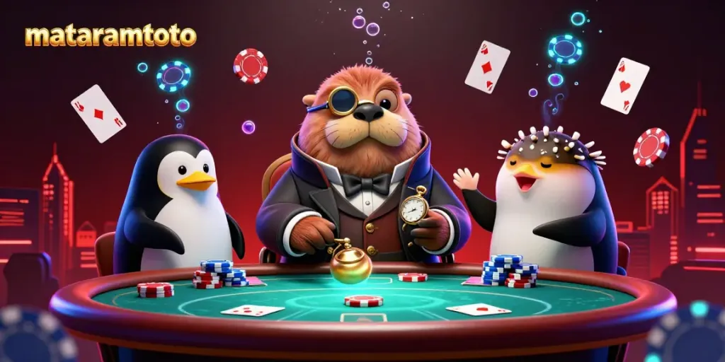 Enjoy a vibrant underwater poker scene where the jolly walrus plays, showcasing mataramtoto's exciting casino atmosphere.